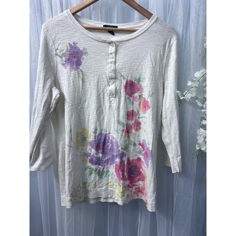 Lauren Ralph Lauren Floral Slub Knit Henley Top Ivory Purple Pink XL